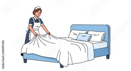 A Maid in a Classic Uniform Meticulously Freshens a Neatly Made Blue Bed with White Linens and Pillows in a Clean Setting
