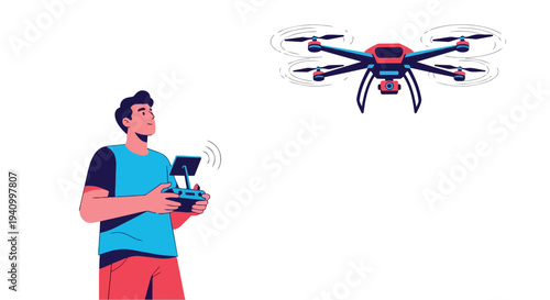 Person controlling a modern quadcopter drone with a remote transmitter, futuristic aerial photography and videography hobby illustration