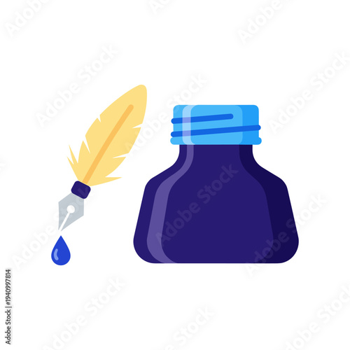 Vibrant blue ink bottle with yellow feather quill pen, writing instrument, creative tool