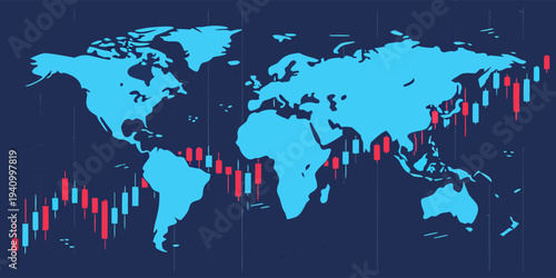 Global fintech background with digital world map, stock market candlestick charts, and glowing financial data visualization.