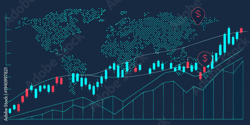 International financial market concept with digital map, stock trading candlestick graphs, and investment data visualization.