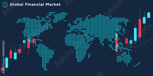 Global stock exchange visualization with glowing world map, trading indicators, and modern fintech technology background.
