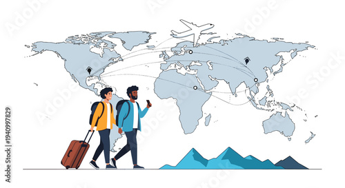 Diverse couple with luggage and smartphone walking in front of a world map with flight paths and a passenger plane.