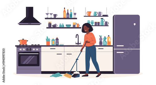 African American woman cleaning a modern kitchen by sweeping the floor with a broom and dustpan next to kitchen appliances.