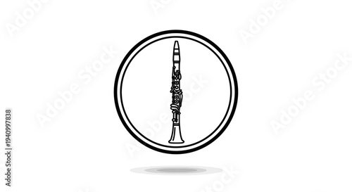 Black and White Clarinet Illustration Inside Circle.