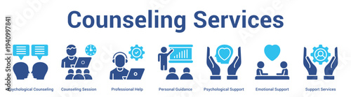 Counseling Services web banner icon set vector illustration concept for business with icon of Psychological Counseling, Counseling Session, Professional Help, Personal Guidance, Psychological Suppo.