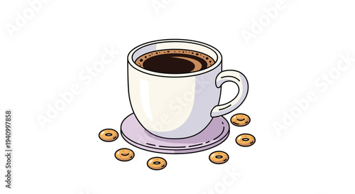 White ceramic cup of black coffee or tea sitting on a saucer surrounded by scattered round cereal rings on a plain background.