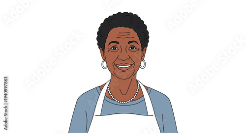 Portrait of a smiling senior African American woman with short curly hair wearing a white apron and a pearl necklace.