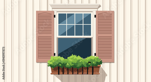 Exterior view of a white wooden window with open brown shutters and a flower box filled with lush green plants below it.