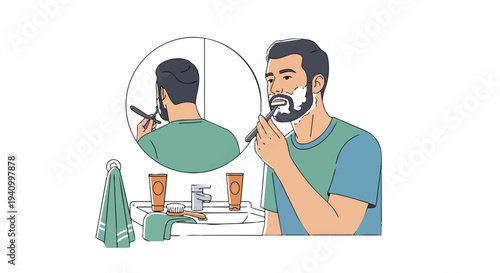 Man meticulously grooming his beard with a straight razor in a well-lit bathroom mirror reflection, practicing hygiene