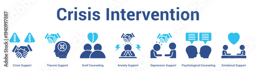 Crisis Intervention web banner icon set vector illustration concept for business with icon of Crisis Support, Trauma Support, Grief Counseling, Anxiety Support, Depression Support, Psychologi.