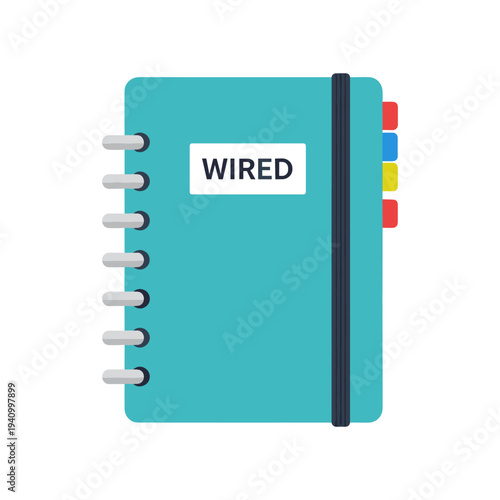 Teal spiral notebook with WIRED label and colorful tabs