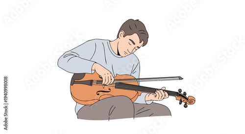 A focused musician skillfully plays a violin with a bow, immersed in the art of creating melodic sounds