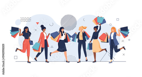 Diverse group of happy women walking and holding many colorful shopping bags in front of a modern abstract background.