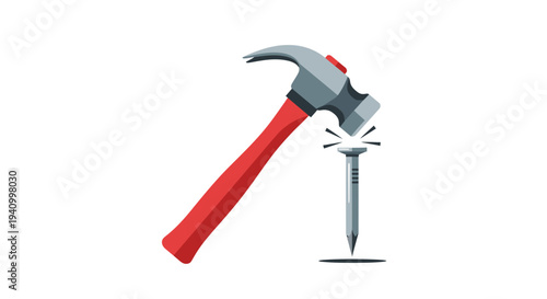 Hammer hitting nail on white background.