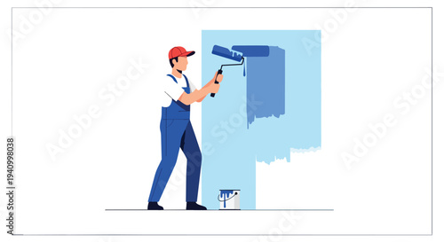 Skilled tradesman diligently applying a fresh coat of blue paint to an interior wall with a roller and bucket