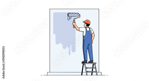 Skilled craftsman meticulously applying a fresh coat of pale blue paint to an interior wall using a roller while standing on a stepladder, home