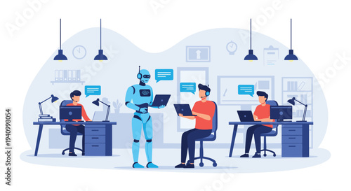 Modern office scene with several people working on computers while a humanoid robot interacts with them and uses a laptop.