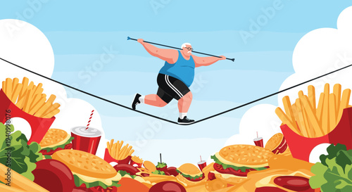 Overweight man balancing on a tightrope high above a pile of unhealthy junk food like burgers, fries, and sodas.