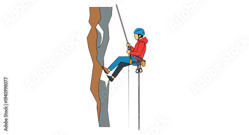 Dynamic illustration of a person rappelling down a textured rock face using a rope and safety gear
