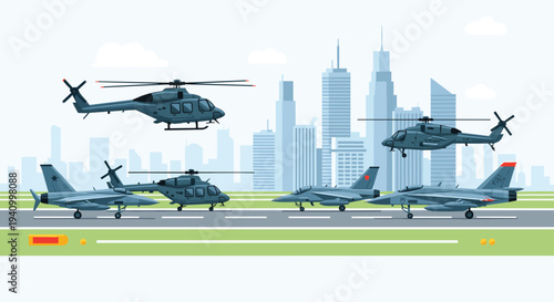 Several military helicopters and fighter jets on a runway with a modern city skyline in the background under a blue sky.