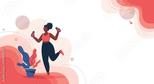 Woman in sportswear exercising with dumbbells against an abstract background with colorful waves and plant shapes.