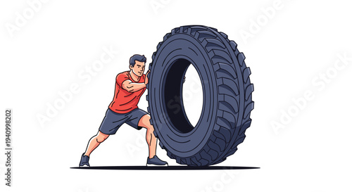 Strong man in athletic clothing performing a tire flip exercise for strength and fitness training on a white background.