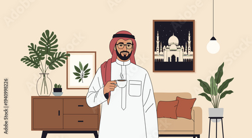 Arab man wearing a thobe and ghutra standing in a modern living room and holding a cup of traditional coffee.