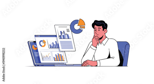 Focused individual contemplating data analytics charts on a laptop screen, representing business intelligence and strategic planning decisions