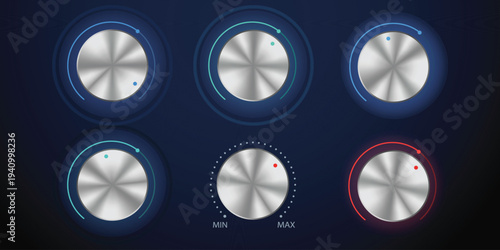 Audio Knobs: A collection of sleek, metallic audio control knobs, illuminated with vibrant, subtle colored lights, providing an engaging visual element. 
