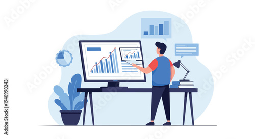 Modern business professional analyzing growth charts on a computer screen, illustrating data-driven decision making