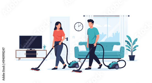 Young couple cleaning their modern living room together using blue vacuum cleaners near a sofa and a television.