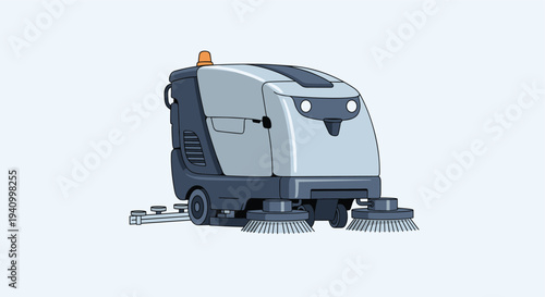 Modern industrial automatic floor cleaning machine with brushes and a warning light against a light blue background.