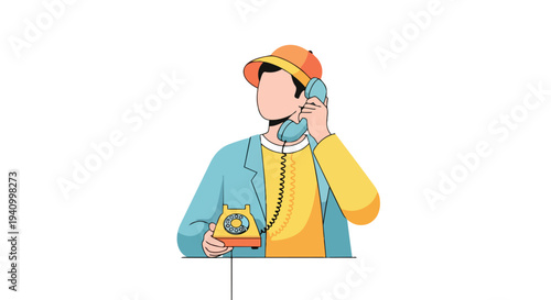 Retro communication style depiction with a person engaged in a call using a vintage rotary telephone, illustrating old-school technology and
