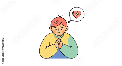A child reflects on emotional healing and mending a wounded heart with a band-aid symbol in a thought bubble representing solace and recovery