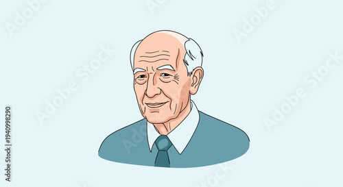 Portrait of a smiling senior man with gray hair wearing a blue sweater and a tie against a light blue background.