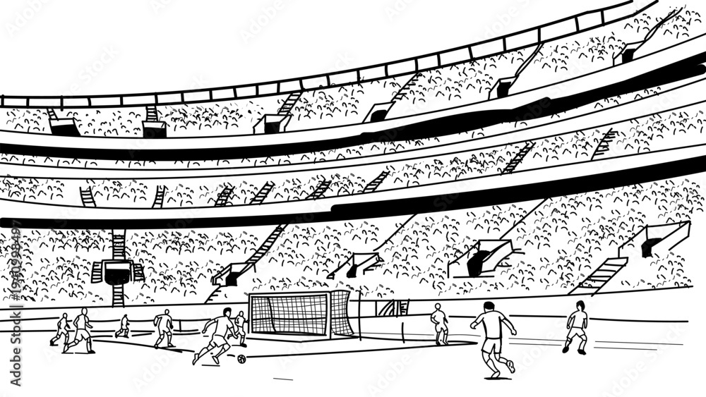 Obraz premium Black and white illustration of a soccer stadium with players on field