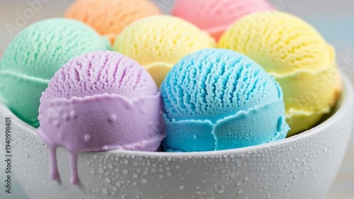 Colorful Ice Cream Scoops in White Bowl.