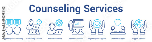 Counseling Services web banner icon set vector illustration concept for business with icon of Psychological Counseling, Counseling Session, Professional Help, Personal Guidance, Psychological Suppo.