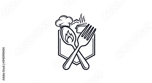 Chef Hat Spoon Fork Crossed Kitchen Utensils.