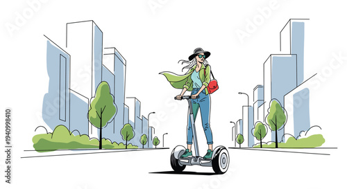 Stylish woman in sunglasses and a hat riding a Segway on a city street with modern buildings and green trees.
