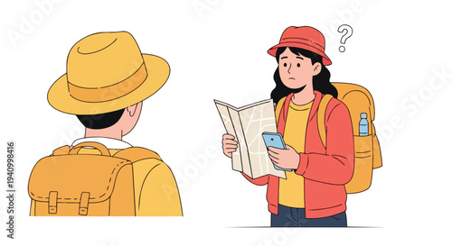 A pair of explorers, one lost, consults a map and phone while the other faces away, ready for adventure and discovery