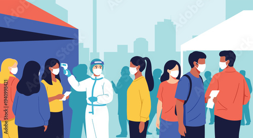 Group of diverse people wearing face masks and waiting in line for a temperature check by a healthcare worker.