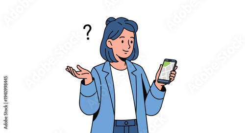 Confused individual holding a smartphone displaying a navigation map with a question mark above indicating uncertainty