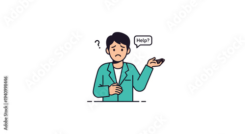 A confused individual with a question mark and a speech bubble asking for help.