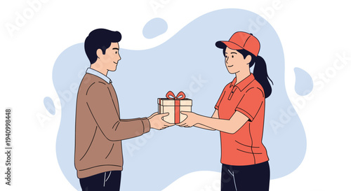 Female delivery worker in a red uniform and cap giving a wrapped gift box to a smiling man in a casual setting.