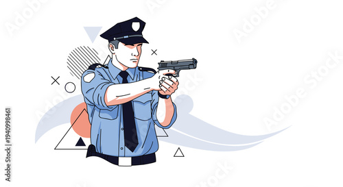 Police officer in uniform stands ready and aims a handgun for target practice or tactical training in flat style.