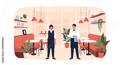 Professional waiters in formal uniform holding trays with drinks while standing in a cozy modern cafe interior design.