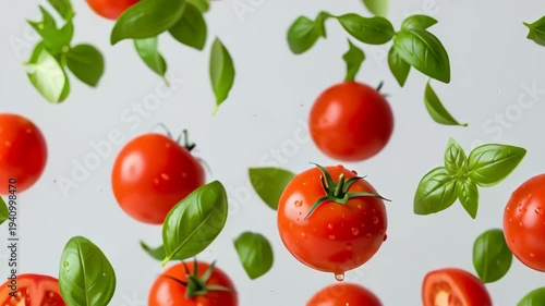 Fresh Tomatoes and Basil Leaves Falling.