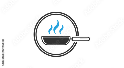 Frying Pan with Rising Flames Inside Circle.